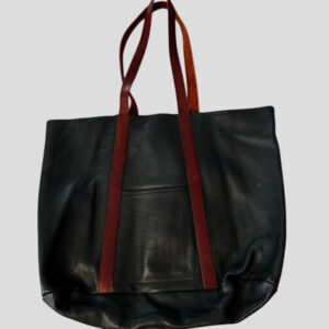 Classic Minimalist Tote Black Soft Pebble Leather With Brown Straps